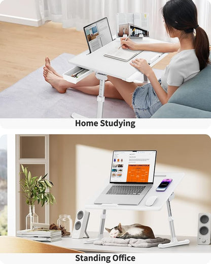Laptop Bed Tray Table, SAIJI Adjustable Bed Desk for Laptop, Foldable Laptop Stand with Storage Drawer for Eating, Working, Writing, Gaming, Drawing (White, X-Large)