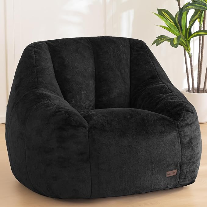 MAXYOYO Bean Bag Chair, Comfy Bean Bag Sofa with Back Support, Faux Fur Bean Bag Chair for Adults and Kids, Stuffed Floor Sofa for Living Room, Bedroom, Apartment, Black