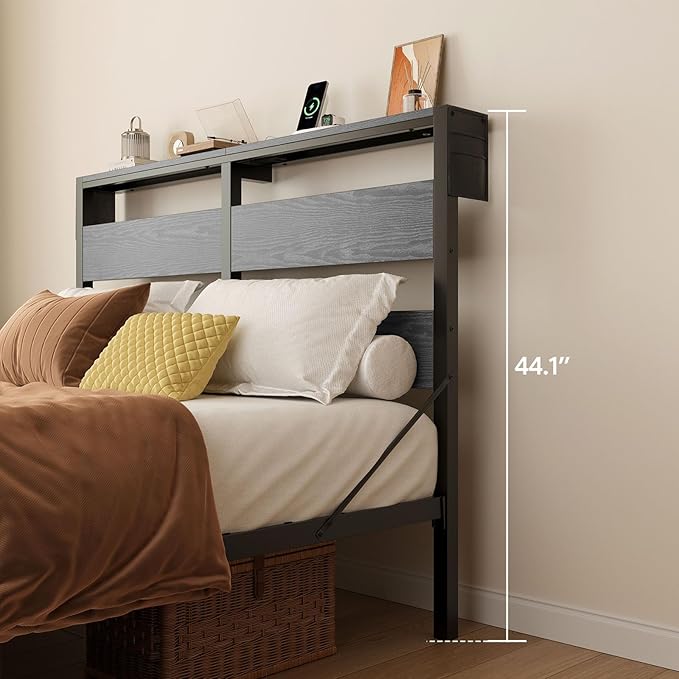 Bestier Queen Bed Frame with Storage Headboard and Charging Station, Grey Platform Bed Frame with LED Light, Non-Slip Metal Bed Frame, Noise-Free, Easy Assembly