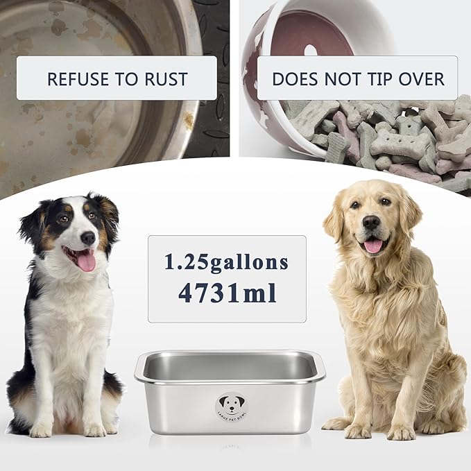 Stainless Steel Dog Bowls for Large Dogs, High Capacity Metal Dog Food Bowls, Food and Water Bowl for Larges, X-Large, and Big Dogs 1.25 Gallons