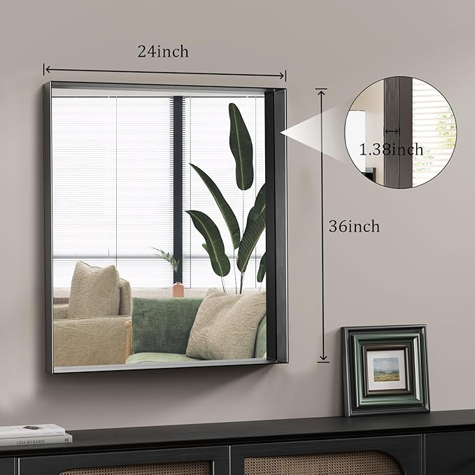 Koonmi 24x36 Inch Black Metal Framed Bathroom Mirror