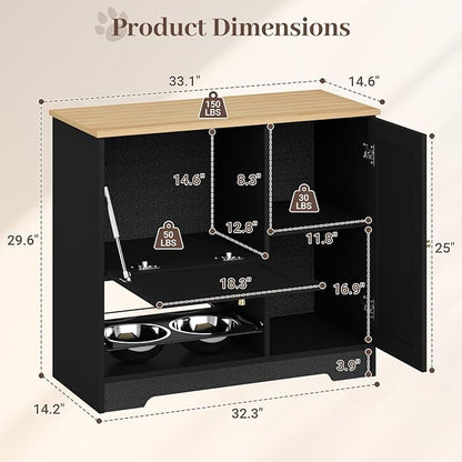 Rovibek Dog Feeding Station with with 2 Elevated Dog Bowls, Dog Food Storage Cabinet with with Storage and Hooks, Hidden Pet Feeder Station Wood for Cats and Dogs, Black