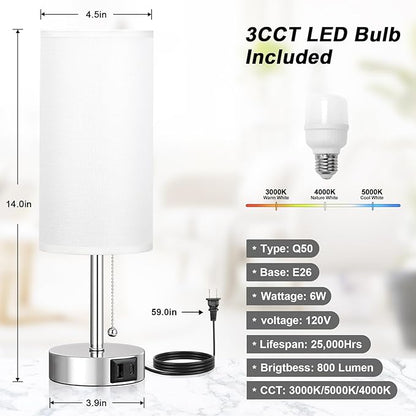 White Table Lamp for Bedroom Nightstand - Small Lamp with USB A + C Charging Port, 3 Color Temperatures Pull Chain Night Stand Light, Silver Base Desk Reading Lamp for Living Room