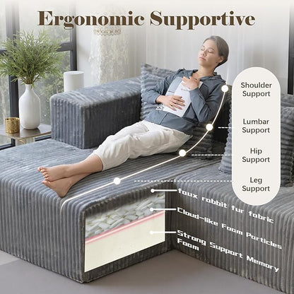 106'' Boneless Couches for Living Room, L Shaped Modular Sectional Sofa with Chaise Lounge, Faux Rabbit Fur & Layered Cushion Deep Seat Cloud Couch, No Assembly (Grey, 130 U Shaped)