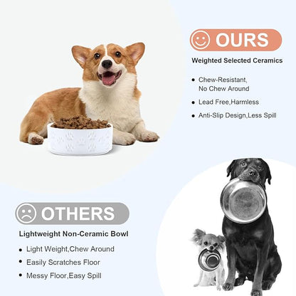 SPUNKYJUNKY Ceramic Dog and Cat Bowls 2 Pack, 6.1'' Dog and Cat Food Water Double Feeding Bowls Non-Slip for Large Sized Breed Microwave Dishwasher Safe - 28.7 OZ, 2pcs, Paw White
