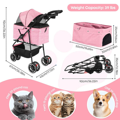 Pet Stroller,Dog Stroller for Small Medium Dogs Cats,3 Wheels,Foldable,with Breathable Mesh Canopy,Cup Holders,Easy Assembly,Pink