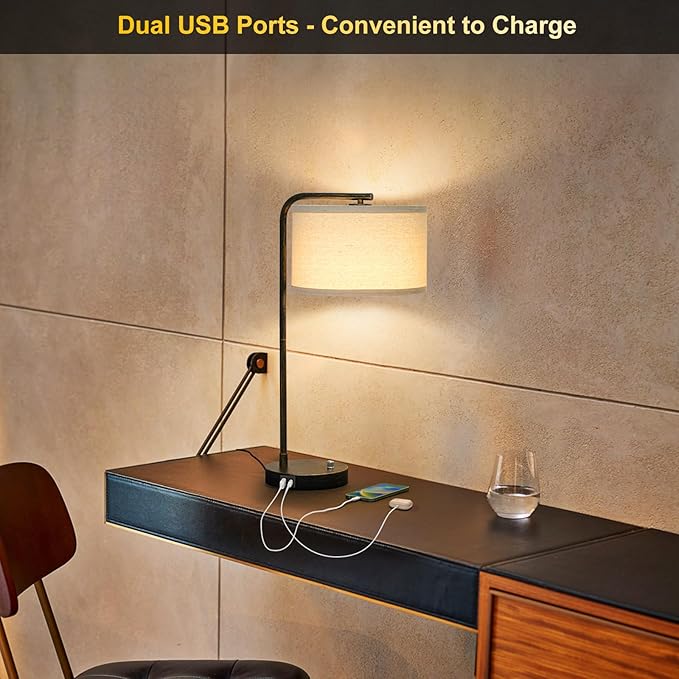 Seaside village Bedside Table Lamp with USB C+A Charging Ports, Fully Dimmable Industrial Tall Nightstand Reading Desk Lamp for Bedroom, Living Room, Office, 9W LED Bulb Included