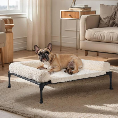 Veehoo Orthopedic Elevated Dog Bed Add Removable Deluxe Rose Plush Bolster Cushion Mat, 35" x 22" Washable Dog Couch Bed, Raised Pet Cot with Breathable Teslin Mesh, No-Slip Feet, White, CWC2439B
