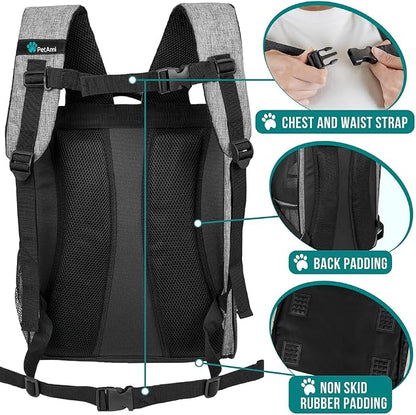 PetAmi Dog Backpack Carrier for Small Medium Dogs Large Cats up to 18 lbs, 2 Side Entry, Structured No-Collapse Frame, Airline Approved Ventilated Pet Backpack for Hiking Camping Travel, Grey