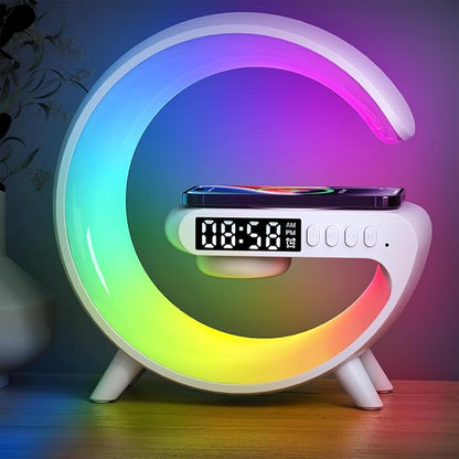 Smart LED Table Lamp, 4-in-1 Wireless Charger Smart Atmosphere Lamp, Night Light, Bluetooth Speaker & Alarm Clock for Bedroom, Office, and Home Decor(White)