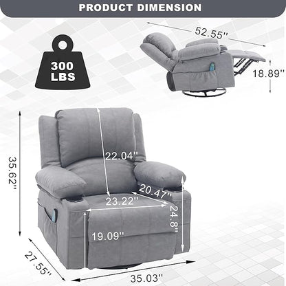 Comermax Massage Recliner Chair with Heat, 360° Swivel Rocker Recliner Chair with Cup Holders, 150° Recline PU Leather Recliner for Living Room,Grey