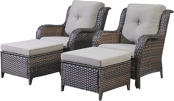 Rilyson Wicker Patio Furniture Set - 4 Piece Rattan Outdoor Sectional Conversation Sets with 2 Chairs and 2 Ottomans for Porch Deck Garden(Brown/Grey)