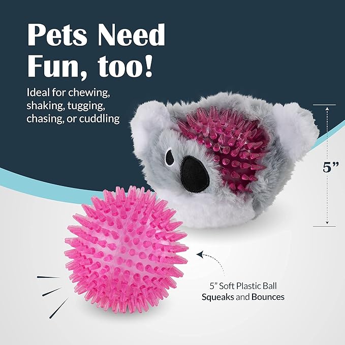 Flourish Pets 2in1 Tough Durable Dog Chew Toy with Non-Toxic BPA Free Rubber&Double Stitched Soft Fabric Exterior Squeaky Indestructible Dog Toy for Aggressive Chewers-Single Pack,Koala Prickles(4'')