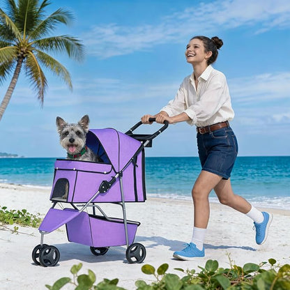 BestPet | 3-Wheel Pet Stroller | Purple | Foldable Dog and Cat Stroller | Breathable Mesh | Lightweight, Waterproof Travel Carrier with Cup Holder & Storage Basket | for Daily Walks & Outdoor Use