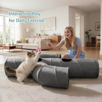Ownpets Cactus Cat Tunnel 12" with Peek Holes for Indoor Large Cat, Grey | Durable Oxford fabric, noise-free, foldable & connectable, multi-cat friendly, tube for cats up to 20lb, includes ball & wand