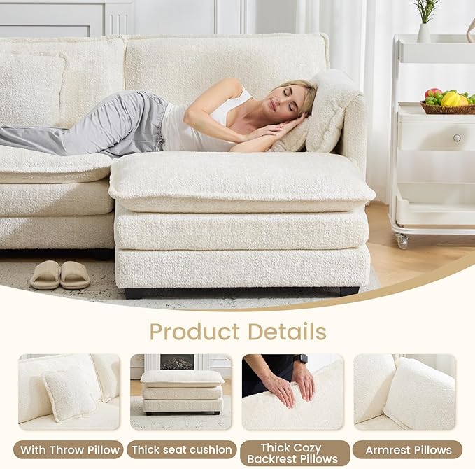 147.8" U Shaped Modular Sectional Sofa, Comfy Cloud Couch with Movable Ottoman, Deep Seat Modular Sofa, Sectional Couches for Living Room, Bedroom, Apartment (Beige)