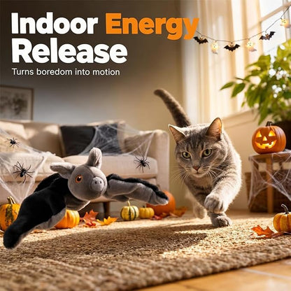 Flying Bat Dog Toy, Flapping Wings Interactive Chirping Pet Teaser, Remote Control Rechargeable Halloween Bat Toy with Catnip Filling, Electric Simulation Flying Motion Toy for Cats Dogs，1pc