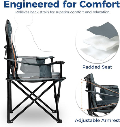 Matrasco Oversized Padded Camping Chair, Heavy-Duty Steel Frame for 450 lbs Supports, Convenient 6-Can Cooler, Portable Carry Bag, Perfect for Outdoor, Beach, and Hiking (Gray & Black)