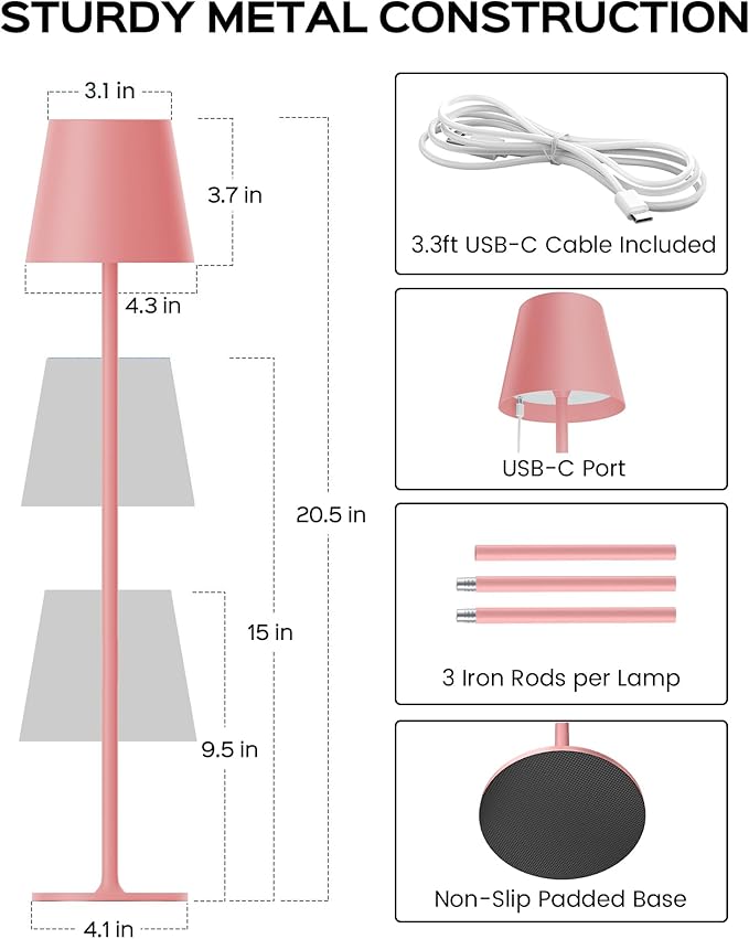 Cordless Table Lamps Rechargeable, 3 Adjustable Height, 5000mAh Battery Operated, 3 Colors Smooth Dimming, Portable LED Waterproof Table Lamp for Dining, Bedroom, Outdoor (2 Pack-Girly Pink)