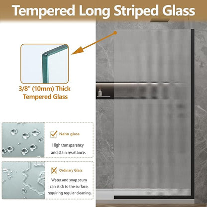 36"x76" Fixed Glass Shower Door, 3/8" Thick Fluted Privacy Tempered Glass