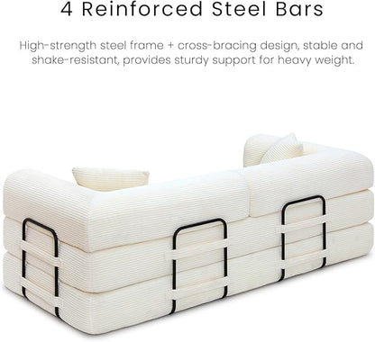 Compression Sofa - 79'' Convertible Sofa Bed, Boneless Couch in a Box, Modular Corduroy Foldable Sleeper Sofa with 2 Pillows, Loveseat Couches for Living Room (Corduroy Fabric, White)