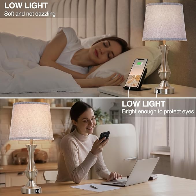 Touch Table Lamps Set of 2, 22" Tall Bedside Lamps, Nightstand Lamps with USB C+A Charging Ports, Dimmable Lamp for Bedrooms, Living Room, Office, Silver Lamp with Grey Lampshade, Bulbs Included
