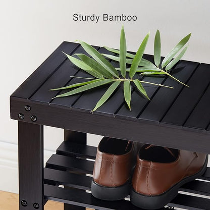 Pipishell Bamboo Shoe Rack Bench, 3 Tier Sturdy Shoe Organizer, Storage Shoe Shelf, Holds up to 300lbs for Entryway Bedroom Living Room Balcony, Black