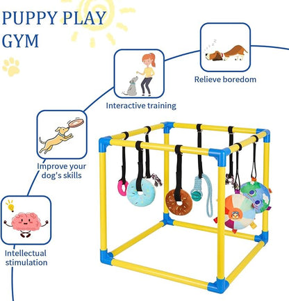 Liitrton Puppy Play Gym for Small Dogs with 8 Hanging Toys, Yellow | 19.5"x19.5"x19.5" PVC Frame, Indoor Puppy Jungle Gym with Interactive Puppies Toys