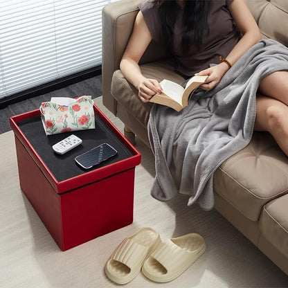 AmasSmile Red Storage Ottoman Folding Foot Rest Stool with Side Pocket, 16 inch Leather Footstool Bench, Short Ottoman Bench, Storage Foot Rest Store, Books