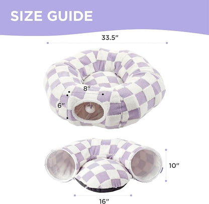 Lesure Donut Cute Jacquard Cat Tunnel Bed Kitten Toys for Puppy Bunny | 33.5x33.5x10in,Round Cat Bed Tube for Indoor Cats Rabbit Dog,Pet Peekaboo Cave Toy,Spiral Hideaway,Washable Cushion,Lavender