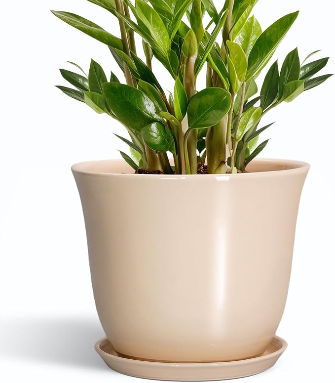 Ceramic Planter - 10 Inch Plant Pot for Indoor Outdoor, Round Flower Pots with Drainage Hole and Saucer, Large Plant Pot, Modern Planters, Home Office Room Decor, Gardening Gifts, Beige