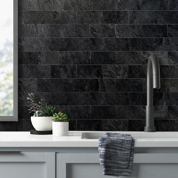 AULIGET 100 Piece Black Slate Peel and Stick Backsplash Wall Tiles, Laundry Room