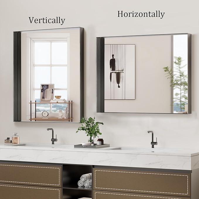 Koonmi 24x36 Inch Black Metal Framed Bathroom Mirror