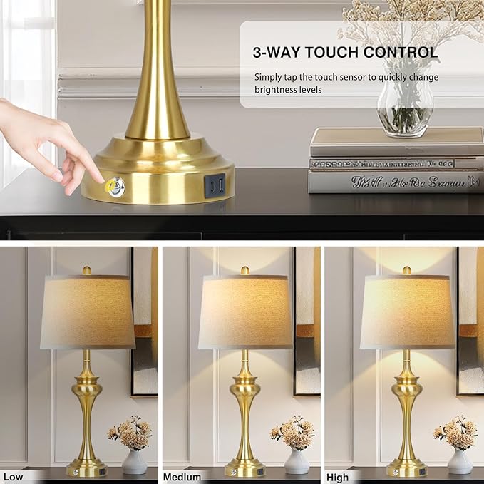 30" Gold Tall Table Lamps for Living Room, Touch Control Modern Bedroom Table Lamp with USB A+C Ports, 3-Way Bedside Lamps Set of 2, Elegant Metal Lamp for Night Stand Desk Side Table Office