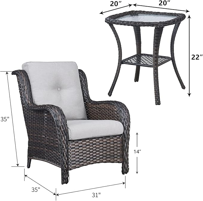 Rilyson Patio Bistro Set Wicker Chairs - 3 Piece Outdoor Rattan Conversation Set with 2 Armrest Chair and 1 Side Table for Proch Deck Garden Backyard Balcony(Brown/Beige)