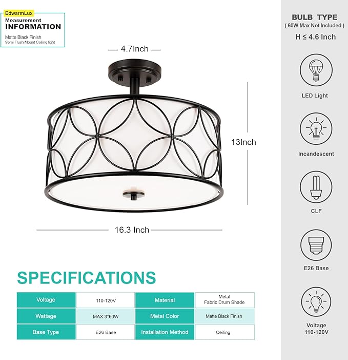 3-Light Semi Flush Mount Ceiling Light, 16" Drum Light with Fabric Shade, Modern Close to Ceiling Lamp for Living Room Bedroom Dining Room Kitchen Hallway Entry Foyer (Black)
