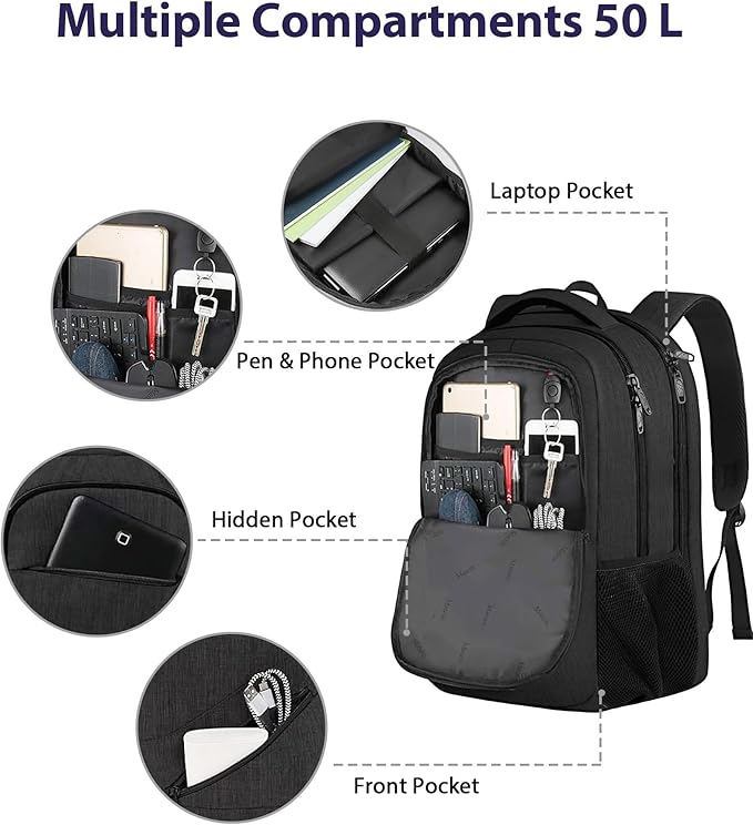 MATEIN 18.4 Inch Laptop Backpack 50 L, Extra Large Anti Theft Carryon Backpack TSA Approved, Work Business Bag with Multiple Compartments & Luggage Strap for Travel, Gifts for Men Women, Black