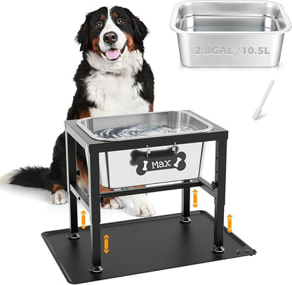 2.8 Gallon Elevated Large Dog Water Bowl with Spill-Proof Mat, 4-Height Adjustable (9.4–14.2'') Raised Dog Water Bowl Stand with Stainless Steel Bowls for Indoor/Outdoor Use