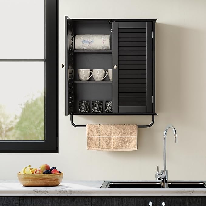 Bathroom Storage Cabinet with Adjustable Wood Shelves & Doors, Made of PDF Wood