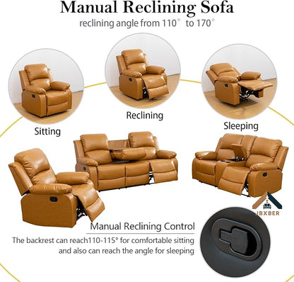 JBXBER Manual Recliner Sofa Set for Living Room, Leather Reclining Sofa Sets, Faux Leather Couch Set with Cup Holders, Drop-Down Table and Storage Console(Loveseat,Ginger)