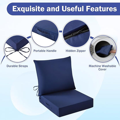 Outdoor Seat Cushion Set, Waterproof & Fade Resistant Patio Chair Cushions, Outdoors Cushion for Patio Furniture, 24 x 24 x 4 Inch, Outdoor Couch Cushions with Handle and Ties, Navy Blue