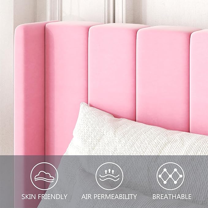 King Size Bed Frame with Wingback Headboard, Upholstered Platform Bed, No Box Spring Needed, Sturdy Wooden Slat Support, Easy Assembly, Pink