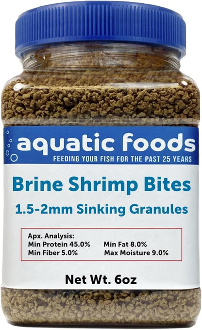 Aquatic Foods Inc. Brine Shrimp Sinking Bites for Bottom Feeders, Small Baby Fish, Tetras. Live Bearers, Discus, Cichlids, Great for All Tropicals - 6oz Small Jar