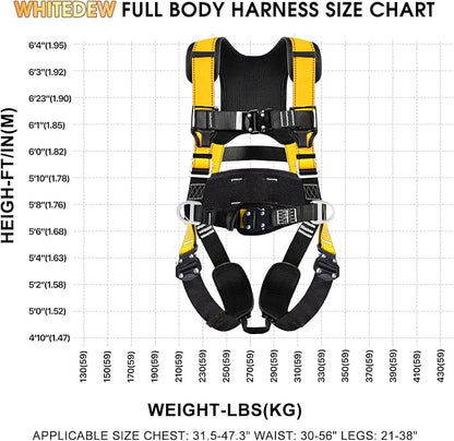 Fall Protection Premium Safety Harness with Shock Absorbing Lanyard, Vented & Padded Shoulder, Legs & Back - Upgrade 4 Quick Buckles (Yellow)