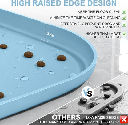 SMILOOL Waterproof Silicone Pet Food Mat with Raised Edge for Dog & Cat | 24" x 16" Non-Slip Pet Feeding Mats with Lip for Food & Water Bowl, Food Grade, Easy Cleaning, Light Blue
