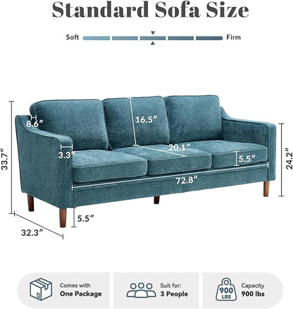 Kingfun 80" Chenille Sofa, 3 Seater Couch, Mid Century Modern Couches with Solid Wood Frame for Living Room & Bedroom, Water Green