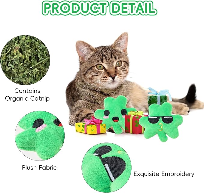 6pcs St. Patrick's Day Shamrock Catnip Toy，Indoor Shamrock Shaped Cat Toy Plush Interactive Chew Bite Toys for Cat Kitten Indoor Festive Holiday Cat Lover Gift
