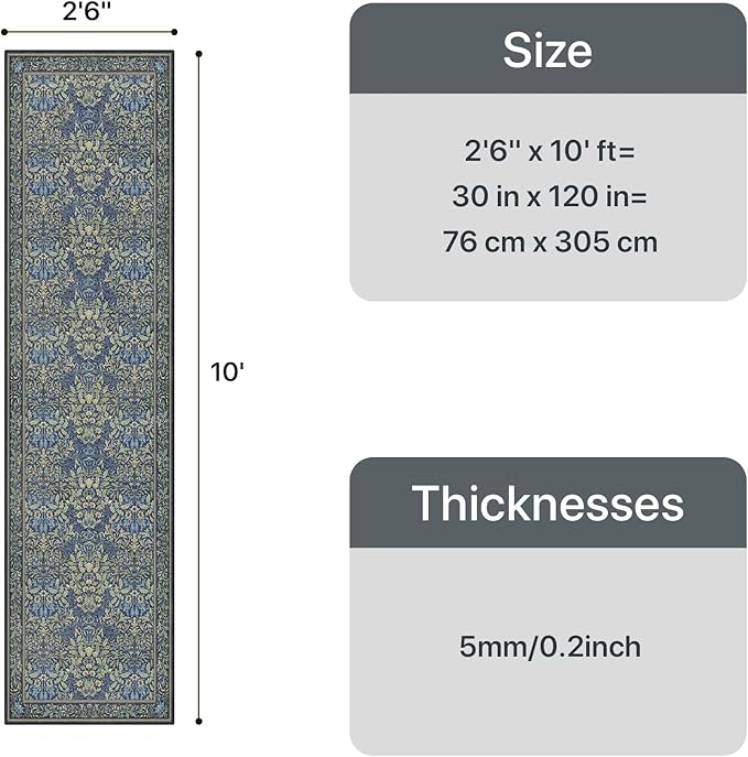 GENIMO Floral Washable Runner Rug 2’6”x10’, Non-Slip Long Hallway Carpet for Entryway, Kitchen, Indoor Floor Use, Vintage Boho Soft Thin Rug Décor, Dark Blue
