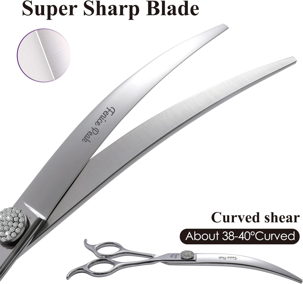 Fenice Peak 7.5‘’ Super Curved Dog Grooming Scissors with Jewelled Screw 440C Stainless Steel Pet Grooming Bending Scissors with Symmetrical Handle for Groomer and Home User