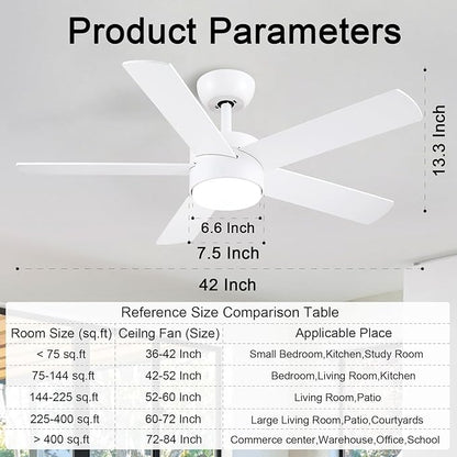 POCHFAN 42 inch White Ceiling Fans